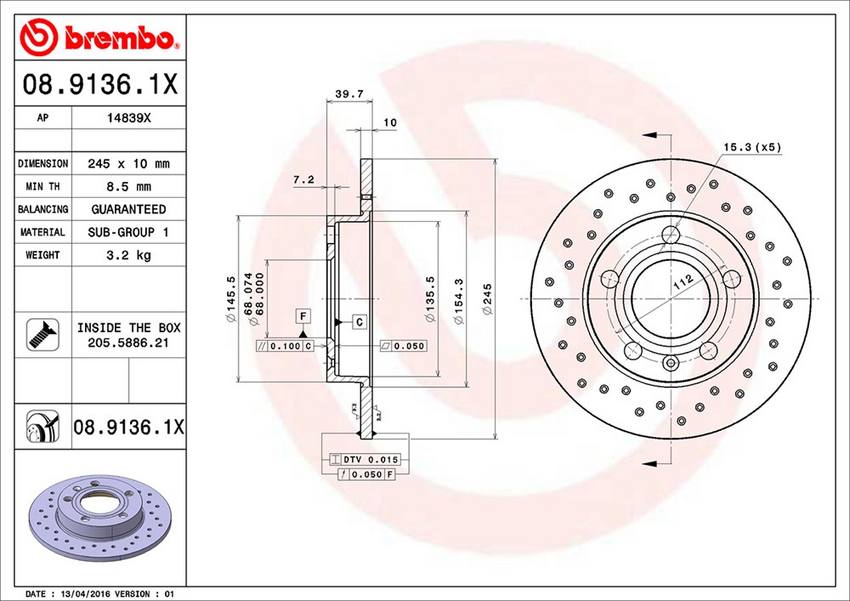 Audi Brembo Disc Brake Rotor - Rear (245mm) 8E0615601P